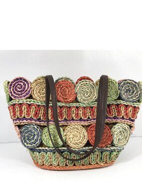 Dorfman Milano Cornhusk Straw Tote Colorful Summer Shoulder Bag Boho Floral